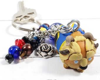 Custom Beauty and the Beast Keychain w/ Medium Beast Tsum Tsum & Letter Initial Charm for Personalized Disney Car Accessories or Zipper Pull