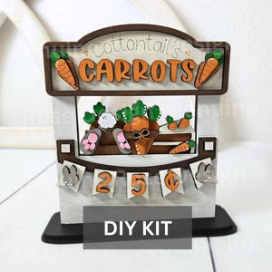 DIY Kit: Carrot Stand, Unfinished Wooden Interchangeable Market Shop for Easter or Spring w/Cottontail Carrot Bunch Bunny Tail & Carrot Cake