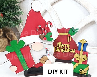 Santa Claus Gnome DIY Kit Bundle, Unfinished Wooden Christmas Gnome with Present Stack and Merry Christmas Santa Bag, Christmas Shelf Sitter