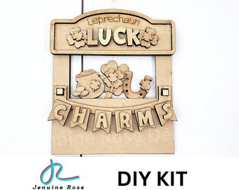 May include: Wooden DIY kit for a Leprechaun Luck Charms sign. The sign features a pot of gold, a horseshoe, and shamrocks. The sign says "Leprechaun Luck Charms".