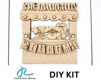 DIY Kit: Shenanigans Welcome Stand, Unfinished Wooden Interchangeable Market Shop for St Patricks Day with Shamrocks, Irish Kisses and Beer