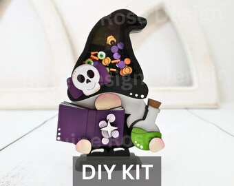 Witchy Gnome Shaker DIY Kit, Unfinished Wood Halloween Gnome with Book & Potion for Halloween Shelf Sitter or Spooky Tiered Tray Decorations