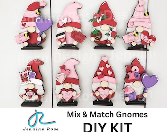 Valentine Gnome DIY Kits, 4" Unfinished Wooden Gnomes w/Bee Mine Heart Balloon, I Love You I Know Hearts and Coffee Gnome Shelf Sitter Decor