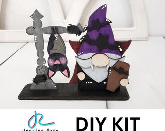 Vampire Gnome and Hanging Bat DIY Kit Set, Unfinished Wooden Upside Down Bat on Sign Post and Halloween Gnome for Tiered Tray Decorations