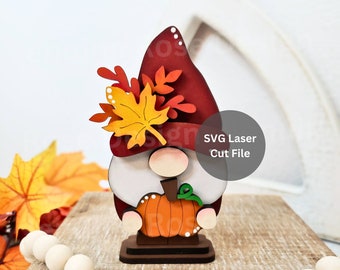 Herbst Gnom SVG Laser Cut Datei für Glowforge oder Laser Cutter, Herbst Gnom Shelf Sitter mit Kürbis und Ahornblättern zum Erntedankfest