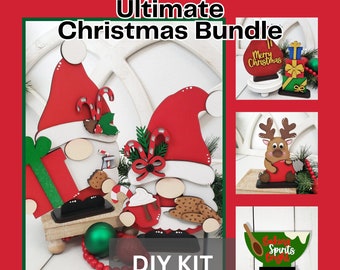 Ultimate Christmas Bundle DIY Kit, Unfinished Wood Santa and Mrs Claus Christmas Gnomes and Santa Bag, Present Stack, Reindeer & Mixing Bowl