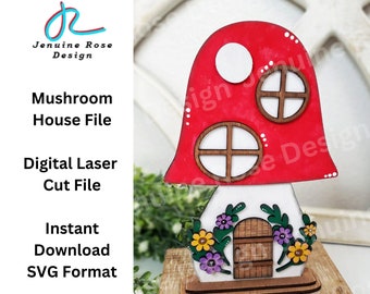 レーザーカッターまたは Glowforge 用のキノコハウス SVG レーザーカット ファイル、DIY 木製キノコ妖精ノーム ホーム、一年中使えるコテージコア デコレーション
