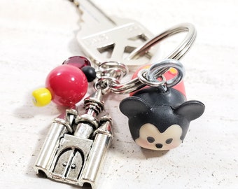 Mini Mickey Mouse Keychain w/Small Tsum Tsum Toy, Red Rhinestone & Silver Castle Charms for Personalized Disneyland Bag Charm or Zipper Pull