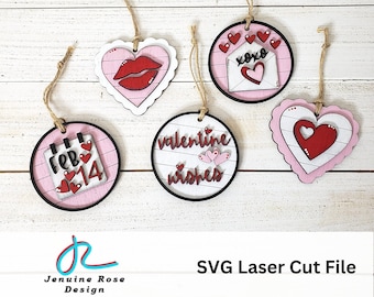 Valentines Day Ornaments SVG Laser Cut File with Layered Heart Shiplap, Round Valentine Wishes, Feb 14 Calendar & XOXO Envelope for DIY Kit