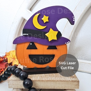 Hexenhut JackoLantern SVG Laser Cut Datei für Glowforge oder Laser Cutter, Halloween Kürbis Shelf Sitter aus Holz für gruselige Kürbis Dekoration