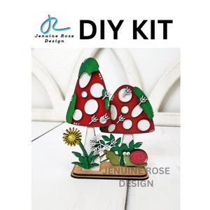 DIY Summer Mushroom Decor Kit, Unfinished Wood Blanks of Standing Mushroom Duo w/ Dandelions and Snail for Painting Cottagecore Decorations