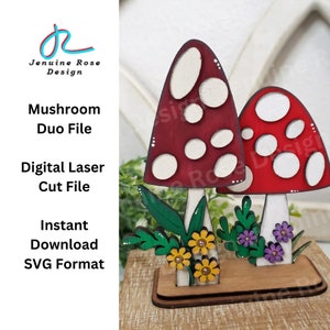 Mushroom Duo SVG Laser Cut File for Laser Cutter or Glowforge, DIY Wooden Standing Mushroom Decor with Flowers and Leaves, Cottagecore Decor image 1
