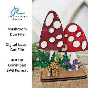 Mushroom Duo SVG Laser Cut File do plotera laserowego lub Glowforge, DIY Drewniany stojący grzybek dekoracyjny z kwiatami i liśćmi, Cottagecore Decor