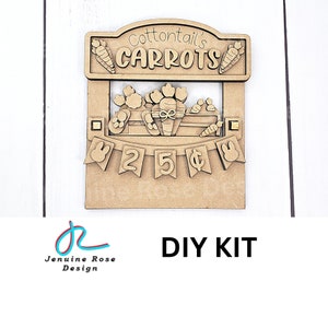 DIY Kit: Carrot Stand, Unfinished Wooden Interchangeable Market Shop for Easter or Spring w/Cottontail Carrot Bunch Bunny Tail & Carrot Cake