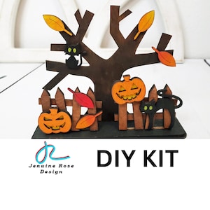 DIY KIT: Spooky Tree and Fences Set, Unfinished Wooden Halloween Tree, Pumpkin and Black Cat Fence for Painting Crafts and Tiered Tray Decor