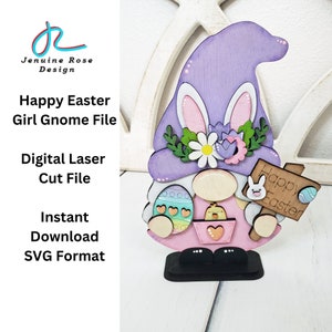 Happy Easter Gnome Girl SVG Laser Cut File for Laser Cutter or Glowforge, DIY Wooden Layered Spring Gnome Decor for Painting Shelf Sitter