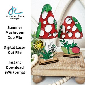 File di taglio laser Summer Mushroom Duo SVG per Laser Cutter o Glowforge, Decorazione di funghi in piedi in legno fai da te con fiore dei desideri e lumaca