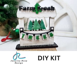 Farm Fresh Tree Stand DIY Kit, Unfinished Wooden Interchangeable Stand to Paint for 3D Layered Winter Decorations and Christmas Shelf Sitter