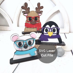 Nerdy pooldieren SVG lasergesneden bestandsbundel voor Glowforge of Laser Cutter, houten rendier, pinguïn en ijsbeer met bril en sjaal
