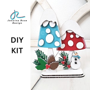 Winter Mushroom Duo DIY Kit, Unfinished Wood Blanks of Standing Christmas Mushrooms with Pinecones & Snowman for Cottagecore Shelf Sitter