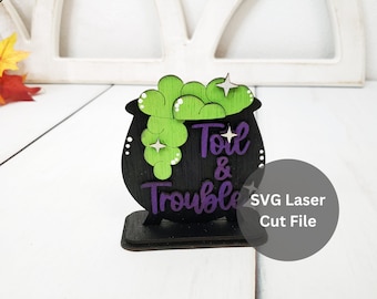 Ketel SVG Laser Cut File voor Laser Cutter of Glowforge, Houten Staande Toil & Trouble Witch Cauldron voor Halloween Tiered Tray Decor