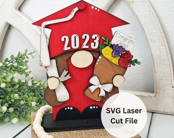 Girl Graduation Gnome SVG Laser Cut File for Wood Laser Cutter or Glowforge, DIY Free Standing Gnome Congrats Grad Flower Bouquet & Diploma