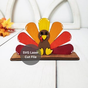 9&quot; Turkey SVG Laser Cut File Bundle for Laser Cutter or Glowforge, Layered Wooden Sitting Turkey Shelf Sitter for Thanksgiving Decorations