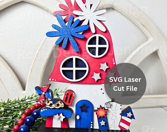 Patriotic Mushroom House SVG Laser Cut File for Glowforge or Laser Cutter, 4th of July House Shelf Sitter Decorations