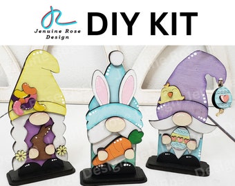 DIY Easter Gnome Trio Decor, Unfinished Wood Blanks of Standing Easter Gnomes with Bunny Ears, Candy Girl Gnome and Easter Eggs for Painting