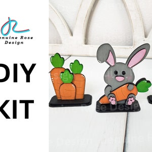 Bunny and Carrots DIY Kit, Unfinished Wood Blanks of Sitting Bunny with Carrot & Standing Carrots for Painting Wooden Tiered Tray Decoration