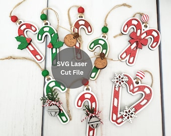 Candy Cane Ornaments SVG Laser Cut File Bundle for Laser Cutter or Glowforge, Wooden Christmas Tree Ornaments or Handmade 3D Gift Tags