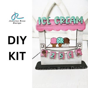 DIY Kit: Ice Cream Shop, Unfinished Wooden Interchangeable Food Stand with Ice Cream Cones and 25 cent Banner for Painting Shelf Sitter