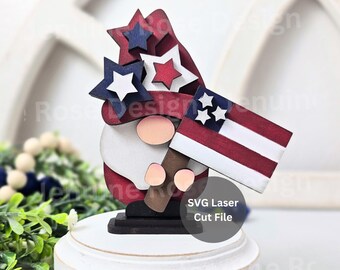US Flag Gnome SVG Laser Cut File for Glowforge or Laser Cutter, 4" Mini Gnome with United States of America Flag & Stars