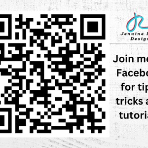 May include: A black and white QR code with the text "Join me on Facebook for tips, tricks and tutorials" on a white wooden background. The logo for Jenuine Rose Design is in the upper right corner.