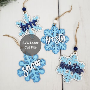 Wooden Snowflake Ornaments SVG Laser Cut File for Laser Cutter or Glowforge, Christmas Tree Ornaments or Handmade 3D Gift Tags, Winter Decor