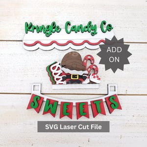 Add-on: Kringle Candy Co Stand SVG-lasergesneden bestand voor Glowforge of Laser Cutter, verwisselbare marktstandaard voor schattige kerstplankoppas