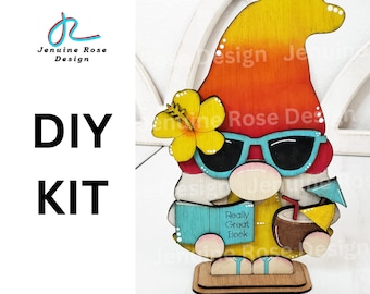 DIY Kit: Summer Girl Gnome, Unfinished Wooden Standing Gnome w/ Sunglasses, Tropical Drink and Book for Painting Shelf Sitter Wood Decor