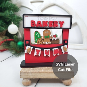 North Pole Bakery Stand SVG Laser Cut Files for Laser Cutter or Glowforge, Interchangeable & Reversible Christmas Gingerbread Shelf Sitter
