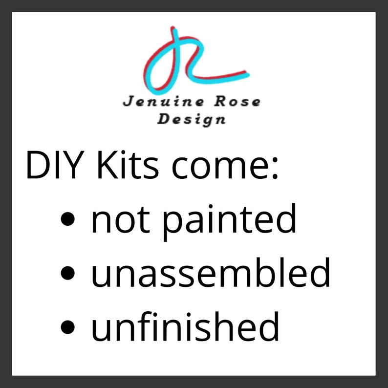 Op de afbeelding: DIY-kits worden geleverd: niet geschilderd, niet gemonteerd, onafgewerkt. Deze afbeelding toont de tekst van een lijst met DIY-kits.