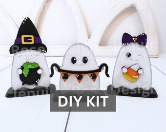 Kit de bricolaje de trío de fantasmas de Halloween, fantasma de bruja de madera sin terminar, fantasma de maíz dulce y fantasma con pancarta de abucheo para colocar en estantes de Halloween