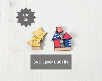 May include: Two laser-cut wooden shapes featuring a star design with the text USA and est. 1776, and a firework rocket design in red, white, and blue. A grey starburst icon contains the text ADD ON, and a grey rectangle contains SVG Laser Cut File.