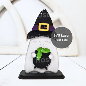 Geist in einem Hexenhut SVG Laser Cut Datei für Glowforge oder Laser Cutter, Hexengeist aus Holz mit sprudelndem Kessel für Halloween Shelf Sitter