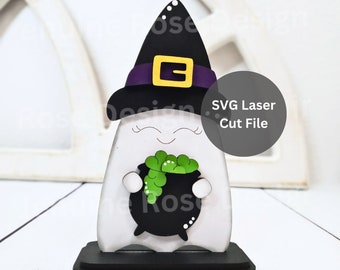 Ghost in a Witch Hat SVG Laser Cut File for Glowforge or Laser Cutter, Wooden Witch Ghost with Bubbly Cauldron for Halloween Shelf Sitter