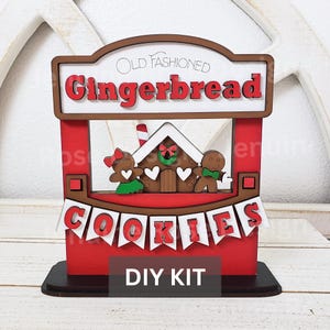 Gingerbread Cookies Stand DIY Kit, Unassembled and Unfinished Wooden Interchangeable Market Stand Shelf Sitter for Christmas Village Decor