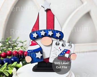 4th of July Gnome SVG Laser Cut File for Glowforge or Laser Cutter, 4" Mini Gnome with Calendar and Patriotic Cupcake for 4th of July Decor