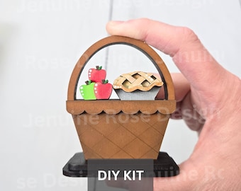 Tiny Apple Basket DIY Kit, Unfinished Wooden Interchangeable Basket with Apple Pie & Apples for Fruit Shelf Sitter or Americana Tiered Tray