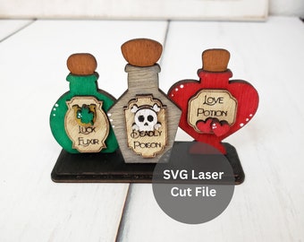 May include: Three wooden potion bottles with labels. The green bottle says "Luck Elixir", the gray bottle says "Deadly Poison", and the red heart-shaped bottle says "Love Potion".