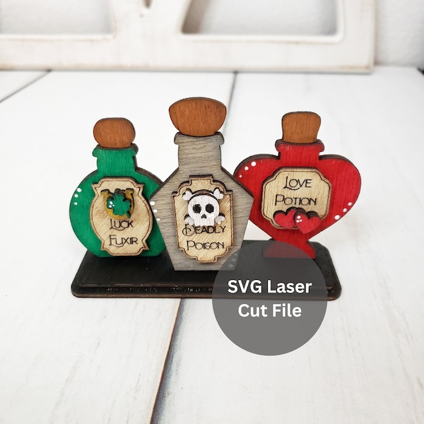 Magic Potion Bottles SVG Laser Cut File Bundle for Laser Cutter or Glowforge, Wooden Standing Halloween Poison Bottles for Tiered Tray Decor