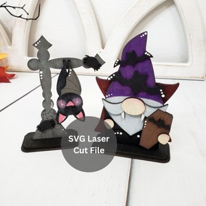 Wampirzy Gnom i Wiszący Nietoperz SVG Laser Cut File Bundle do Laser Cutter lub Glowforge, Drewniana Stojąca Półka Halloween Gnom Dekoracja