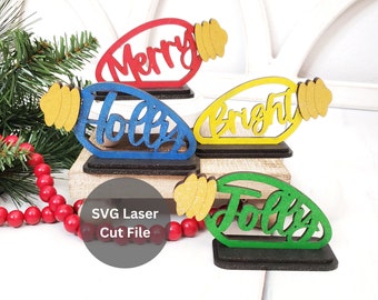 Simple Christmas Light Bulbs SVG Laser Cut File Bundle for Laser Cutter or Glowforge, Standing Wooden Merry & Bright Christmas Shelf Sitters